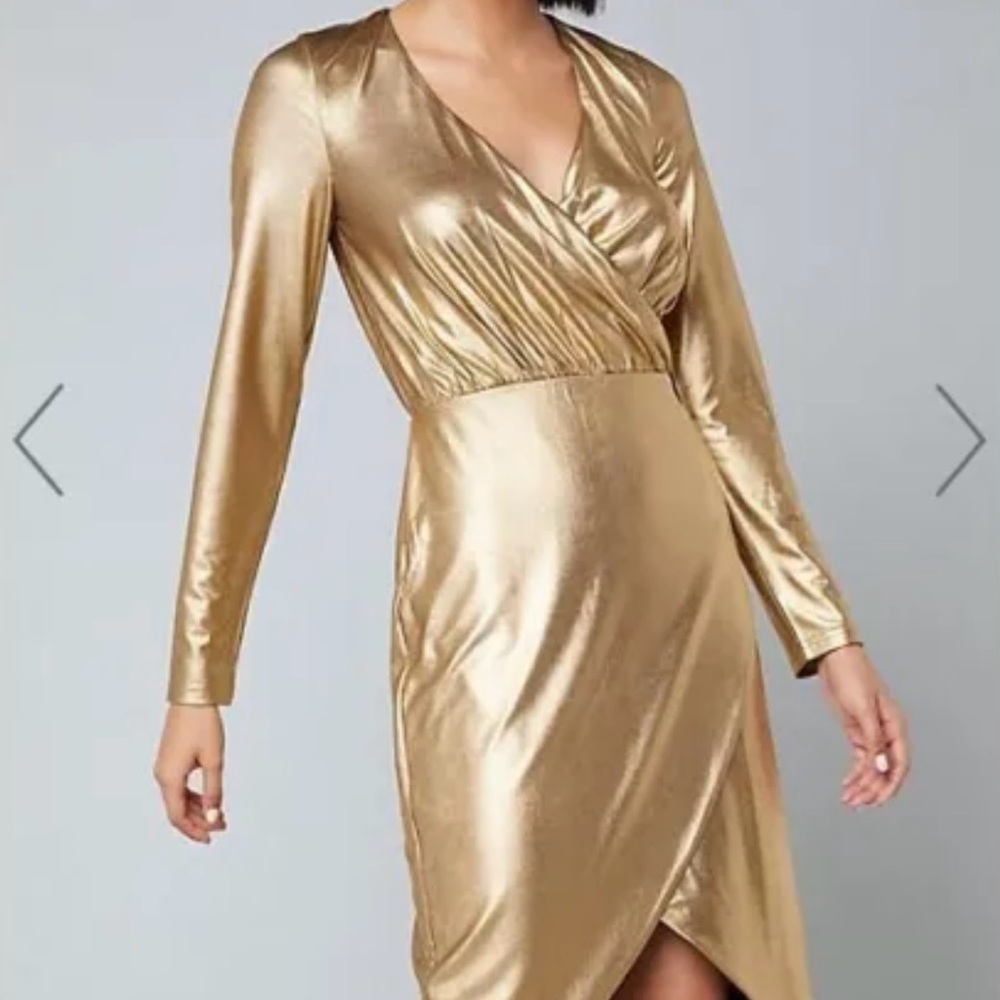 Bebe gold long sleeve wrap midi dress. size 6